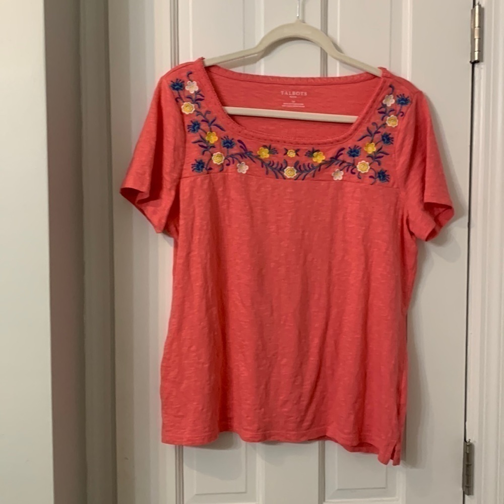 Talbots Embroidered Knit Top LP  Pink Floral Square Neck 100% Cotton